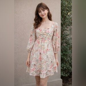 Floral Puff-Sleeve Mini Dress - Pink & Cream